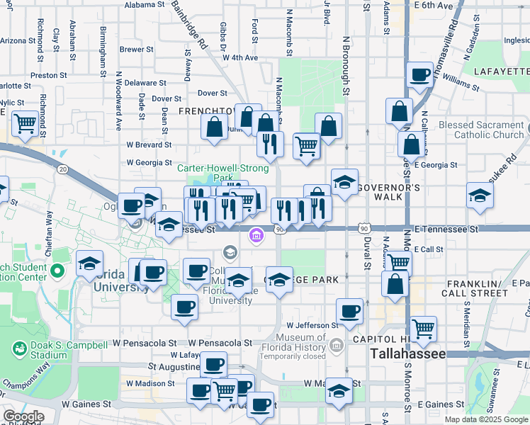 map of restaurants, bars, coffee shops, grocery stores, and more near 519 West Virginia Street in Tallahassee