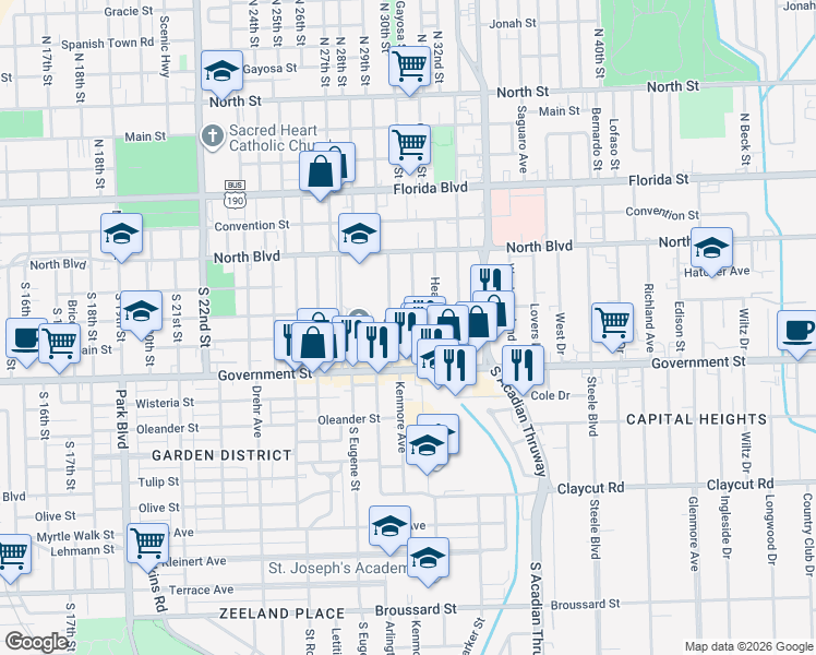 map of restaurants, bars, coffee shops, grocery stores, and more near 332 Bedford Drive in Baton Rouge