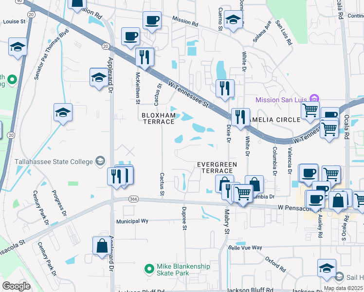 map of restaurants, bars, coffee shops, grocery stores, and more near 228 Dixie Drive West in Tallahassee