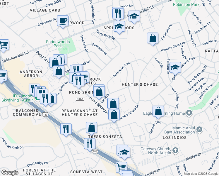 map of restaurants, bars, coffee shops, grocery stores, and more near 8527 Foxhound Trail in Austin