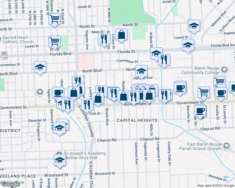 map of restaurants, bars, coffee shops, grocery stores, and more near 355 East Drive in Baton Rouge