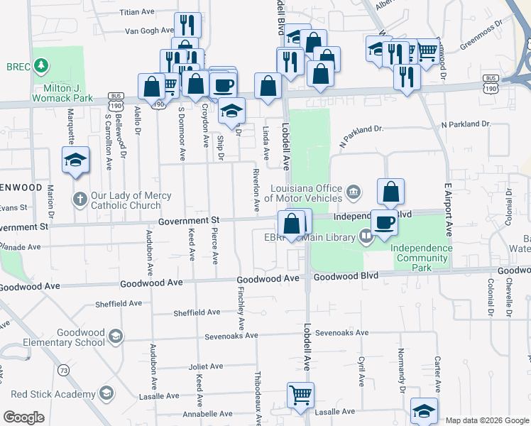 map of restaurants, bars, coffee shops, grocery stores, and more near 7355 Government Street in Baton Rouge