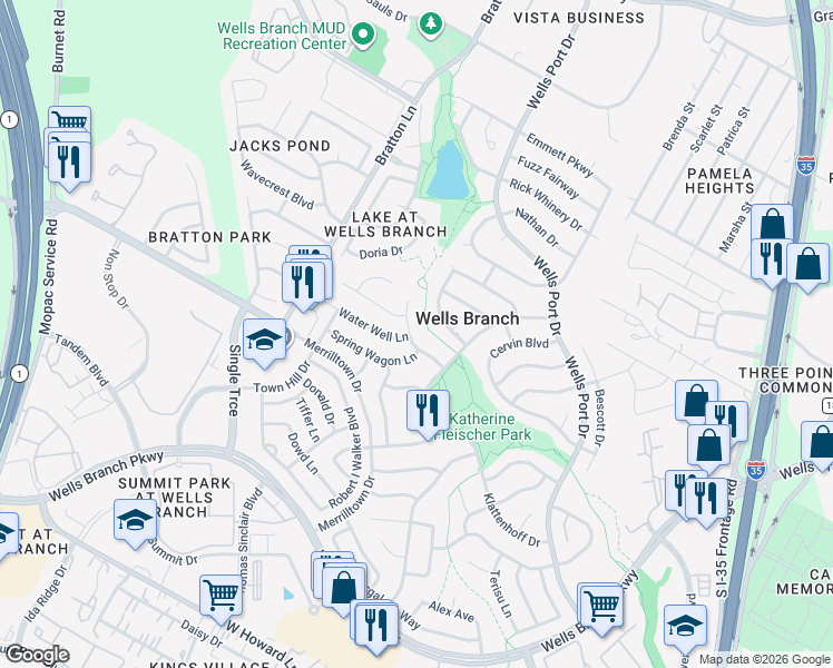 map of restaurants, bars, coffee shops, grocery stores, and more near 14801 Great Willow Drive in Austin