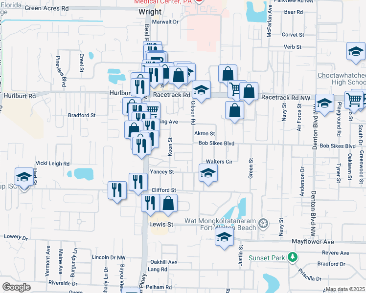 map of restaurants, bars, coffee shops, grocery stores, and more near 118 Jimmy Street in Fort Walton Beach