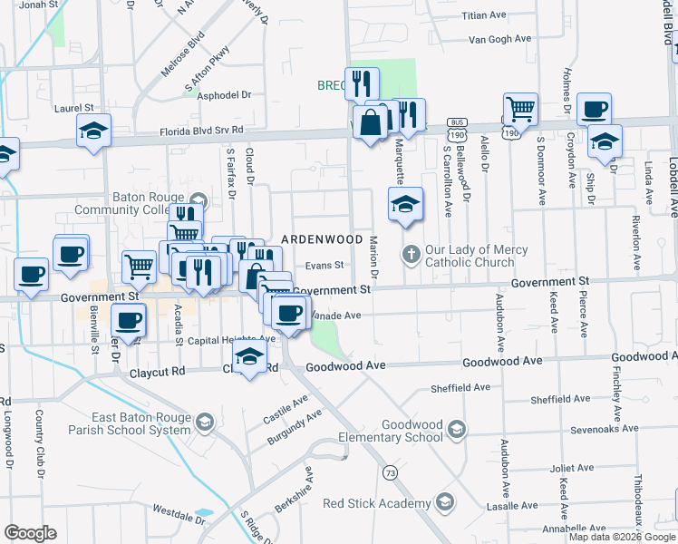 map of restaurants, bars, coffee shops, grocery stores, and more near 6060 Evans St in Baton Rouge