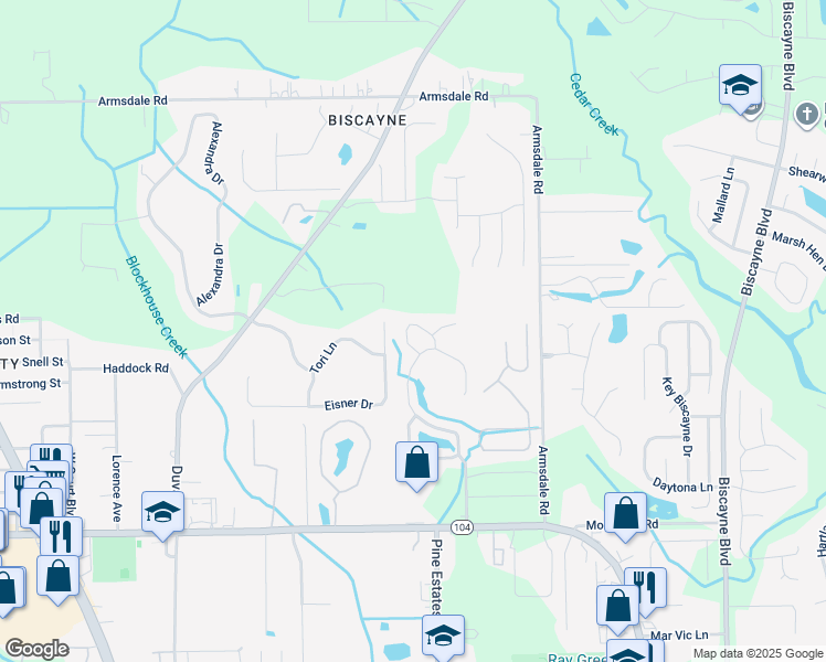 map of restaurants, bars, coffee shops, grocery stores, and more near 11540 Birch Forest Circle East in Jacksonville