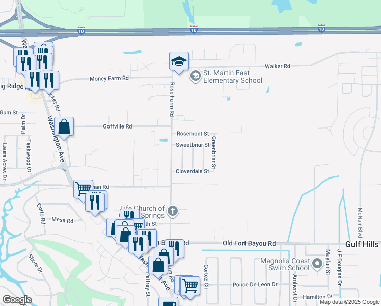 map of restaurants, bars, coffee shops, grocery stores, and more near 7120 Thornbriar Street in Ocean Springs