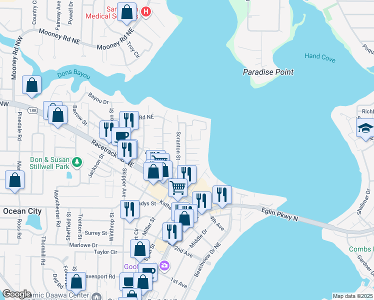 map of restaurants, bars, coffee shops, grocery stores, and more near 1258 Hudson Drive in Fort Walton Beach