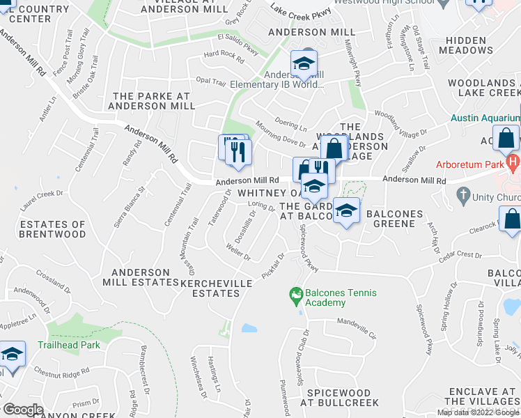 map of restaurants, bars, coffee shops, grocery stores, and more near 11507 Dosshills Drive in Austin