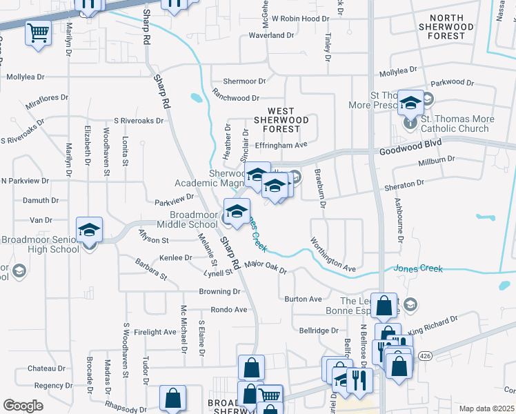 map of restaurants, bars, coffee shops, grocery stores, and more near 10730 Goodwood Boulevard in Baton Rouge