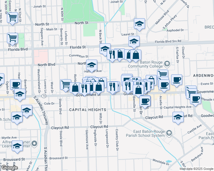 map of restaurants, bars, coffee shops, grocery stores, and more near 413 Longwood Court in Baton Rouge