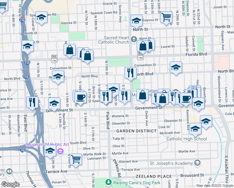 map of restaurants, bars, coffee shops, grocery stores, and more near 335 South 20th Street in Baton Rouge