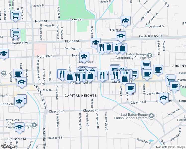 map of restaurants, bars, coffee shops, grocery stores, and more near 379 Wiltz Dr in Baton Rouge