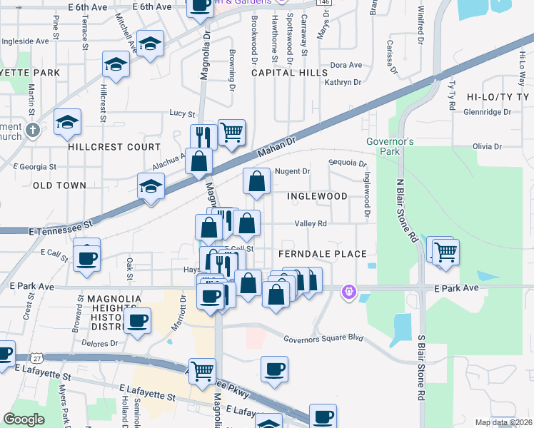 map of restaurants, bars, coffee shops, grocery stores, and more near 327 Office Plaza Drive in Tallahassee