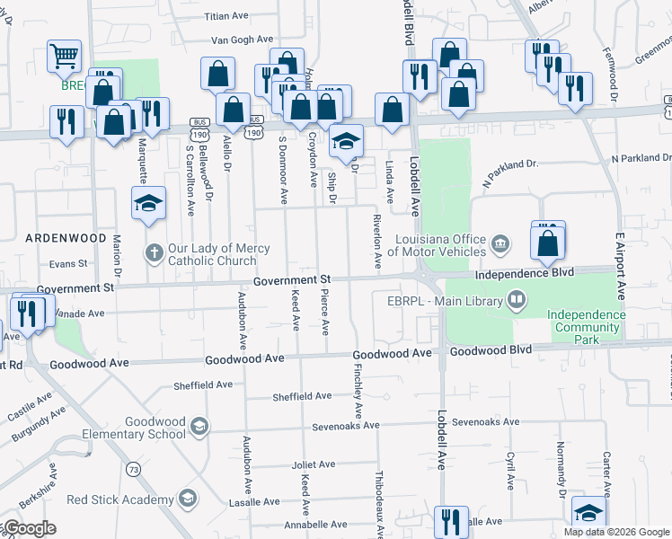 map of restaurants, bars, coffee shops, grocery stores, and more near 7153 Government Street in Baton Rouge