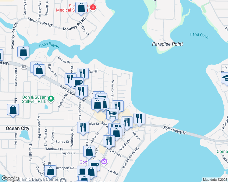 map of restaurants, bars, coffee shops, grocery stores, and more near 115 Scranton Street in Fort Walton Beach
