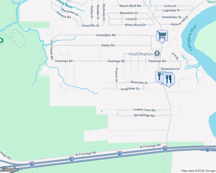 map of restaurants, bars, coffee shops, grocery stores, and more near 1816 Kingfisher Drive in Gautier