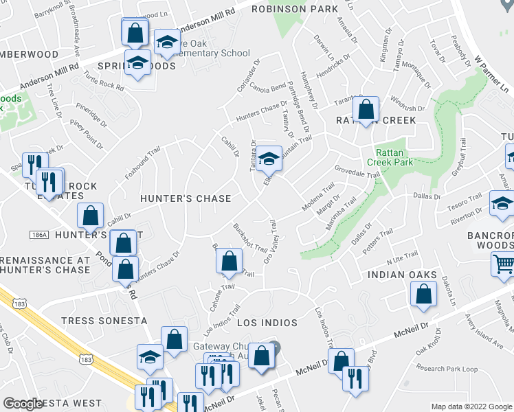 map of restaurants, bars, coffee shops, grocery stores, and more near 12704 Oro Valley Trail in Austin