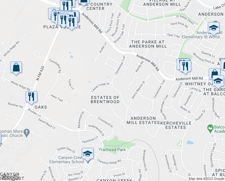 map of restaurants, bars, coffee shops, grocery stores, and more near 10905 Centennial Trail in Austin