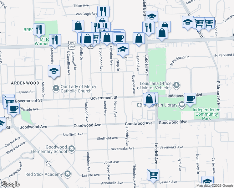 map of restaurants, bars, coffee shops, grocery stores, and more near 7153 Government Street in Baton Rouge
