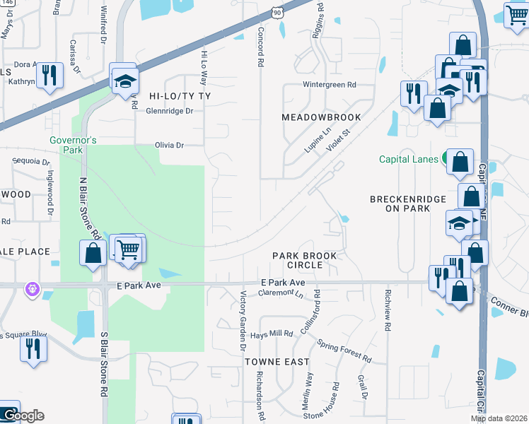 map of restaurants, bars, coffee shops, grocery stores, and more near 505 Concord Road in Tallahassee
