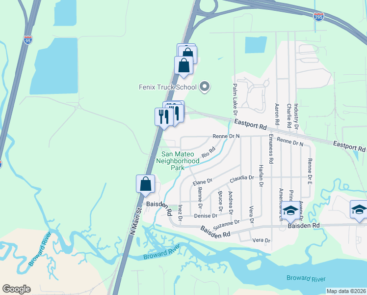 map of restaurants, bars, coffee shops, grocery stores, and more near 205 Sara Drive in Jacksonville