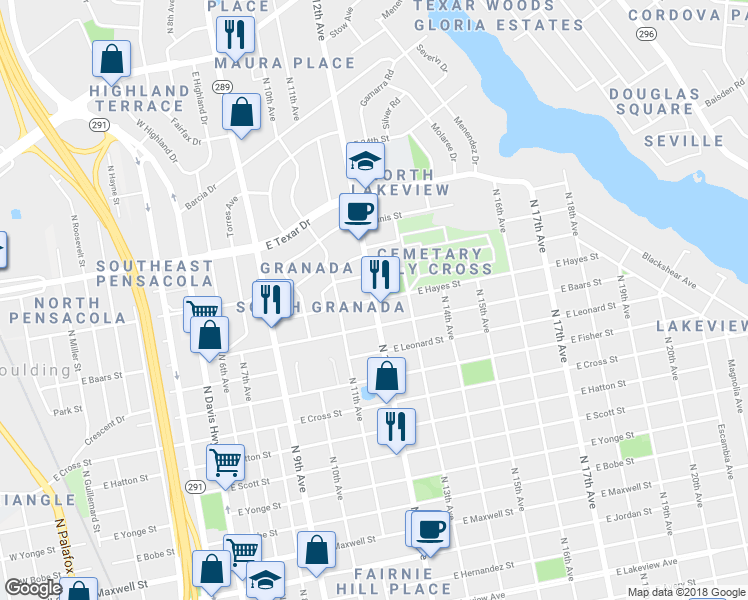 map of restaurants, bars, coffee shops, grocery stores, and more near 1200 East Hayes Street in Pensacola