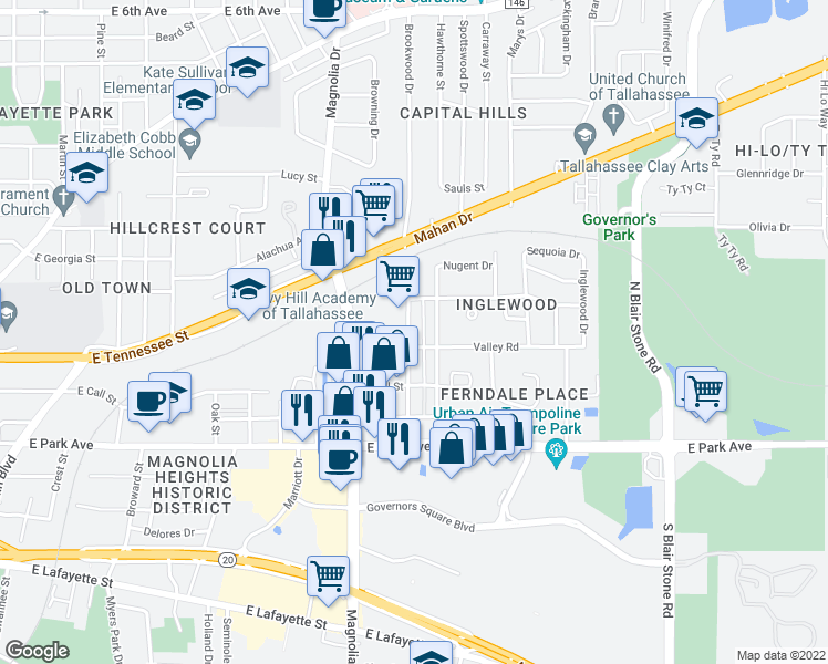 map of restaurants, bars, coffee shops, grocery stores, and more near 327 Office Plaza Drive in Tallahassee
