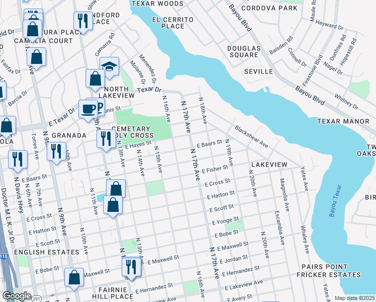 map of restaurants, bars, coffee shops, grocery stores, and more near 1605 East Baars Street in Pensacola