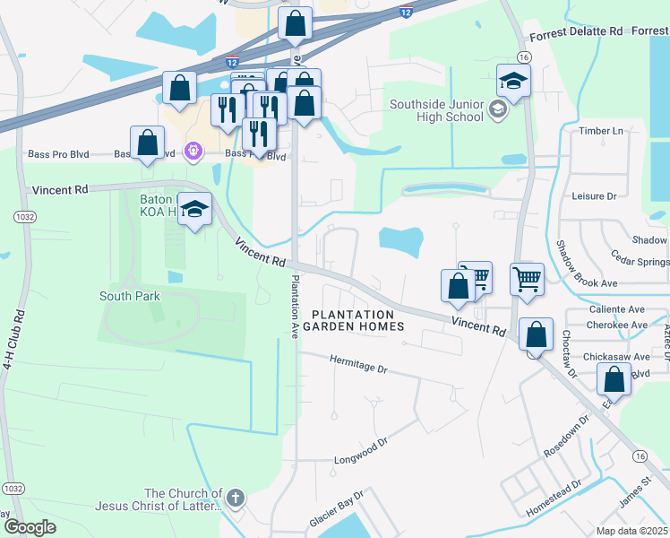 map of restaurants, bars, coffee shops, grocery stores, and more near 8051 Vincent Road in Denham Springs