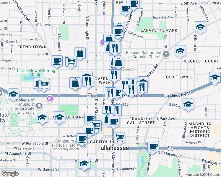 map of restaurants, bars, coffee shops, grocery stores, and more near 215 East Virginia Street in Tallahassee