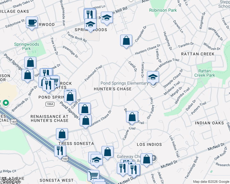 map of restaurants, bars, coffee shops, grocery stores, and more near 12503 Hunters Chase Drive in Austin