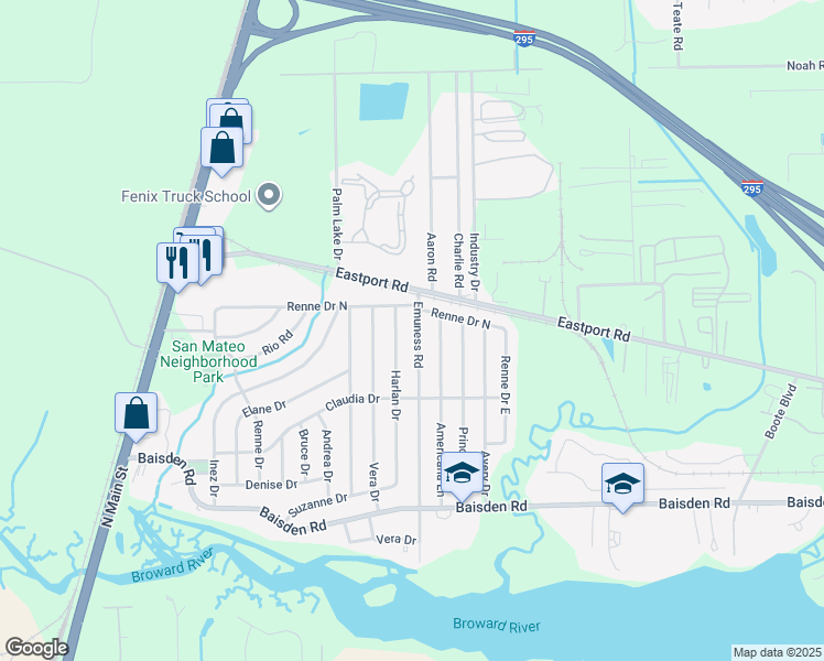 map of restaurants, bars, coffee shops, grocery stores, and more near 11524 Emuness Road in Jacksonville