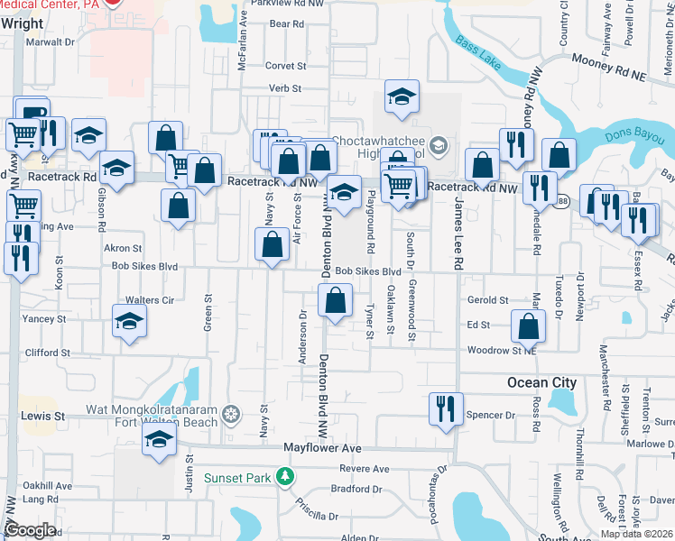 map of restaurants, bars, coffee shops, grocery stores, and more near 521 Bob Sikes Boulevard in Fort Walton Beach