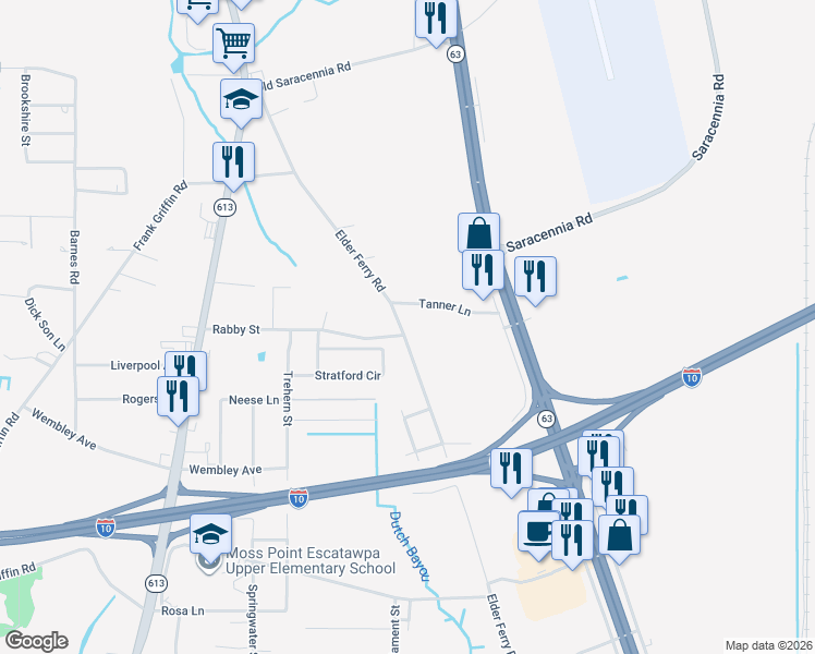 map of restaurants, bars, coffee shops, grocery stores, and more near 7112 Elder Ferry Road in Moss Point