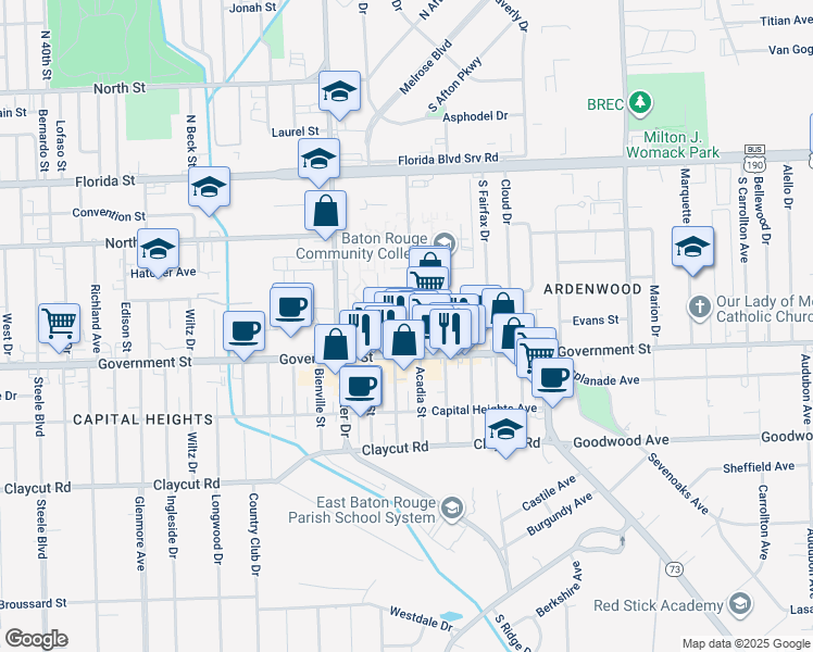 map of restaurants, bars, coffee shops, grocery stores, and more near 5355 Government Street in Baton Rouge