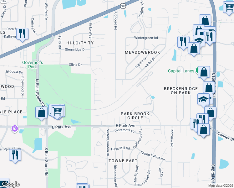 map of restaurants, bars, coffee shops, grocery stores, and more near 505 Concord Road in Tallahassee