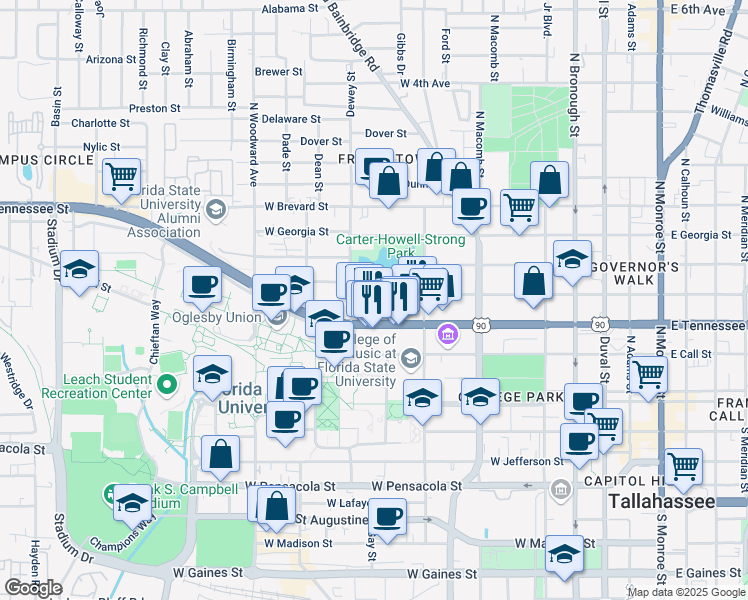 map of restaurants, bars, coffee shops, grocery stores, and more near 28 Raven Street in Tallahassee