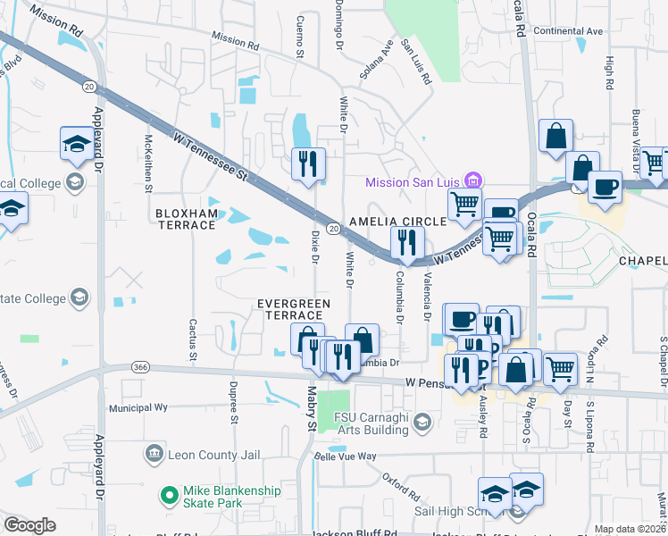 map of restaurants, bars, coffee shops, grocery stores, and more near 301 Dixie Drive in Tallahassee
