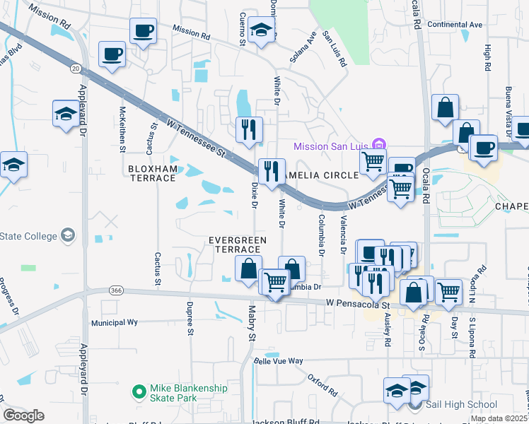 map of restaurants, bars, coffee shops, grocery stores, and more near 301 Dixie Drive in Tallahassee