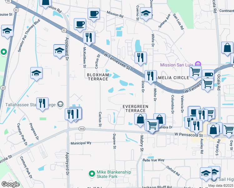 map of restaurants, bars, coffee shops, grocery stores, and more near 228 Dixie Drive West in Tallahassee