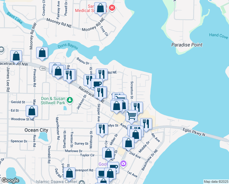 map of restaurants, bars, coffee shops, grocery stores, and more near 110 David Street in Fort Walton Beach