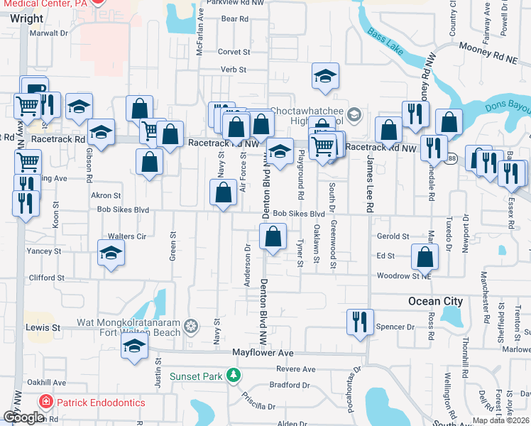 map of restaurants, bars, coffee shops, grocery stores, and more near 521 Bob Sikes Boulevard in Fort Walton Beach
