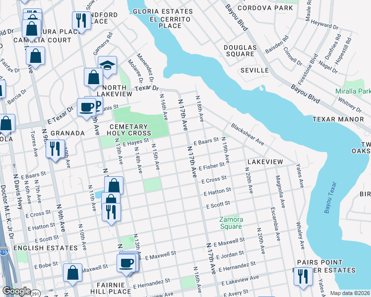 map of restaurants, bars, coffee shops, grocery stores, and more near 1605 East Baars Street in Pensacola