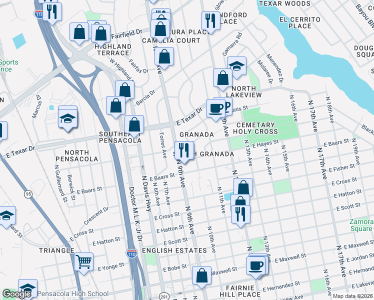 map of restaurants, bars, coffee shops, grocery stores, and more near 3 Escalona Avenue in Pensacola