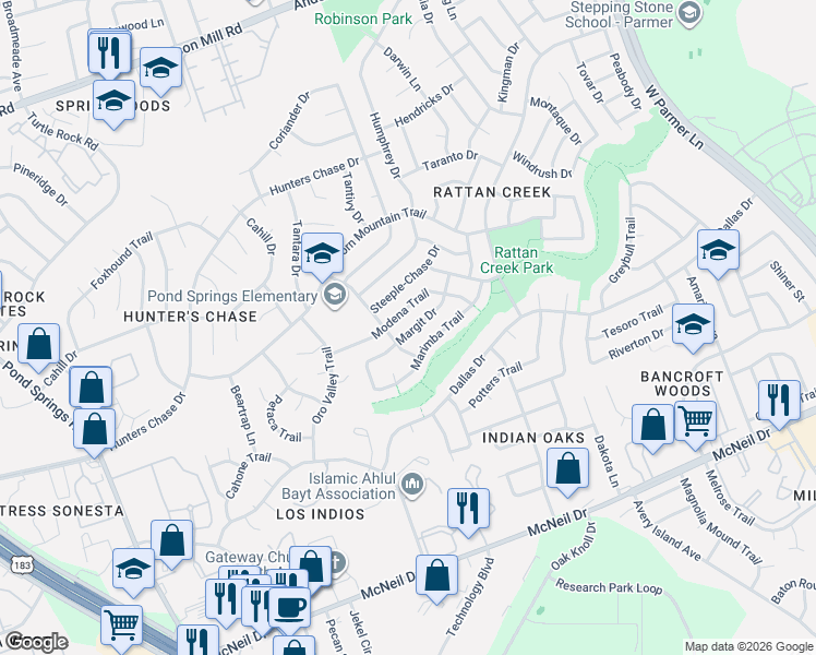 map of restaurants, bars, coffee shops, grocery stores, and more near 12811 Margit Drive in Austin
