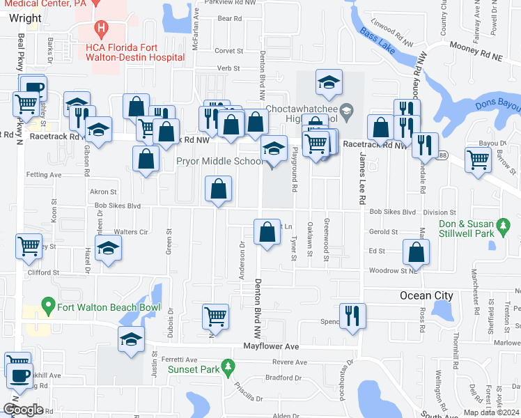 map of restaurants, bars, coffee shops, grocery stores, and more near 517 Bob Sikes Boulevard in Fort Walton Beach
