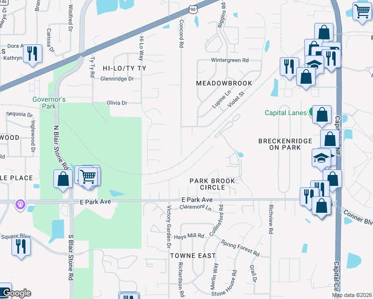 map of restaurants, bars, coffee shops, grocery stores, and more near 505 Concord Road in Tallahassee