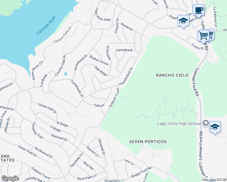 map of restaurants, bars, coffee shops, grocery stores, and more near 20603 Falcon in Lago Vista