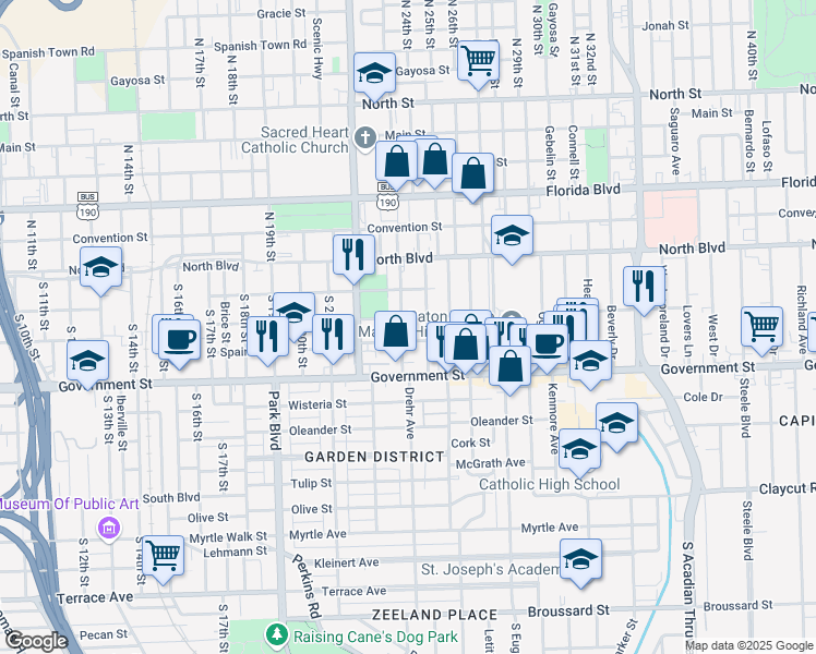 map of restaurants, bars, coffee shops, grocery stores, and more near 323 Delphine Street in Baton Rouge